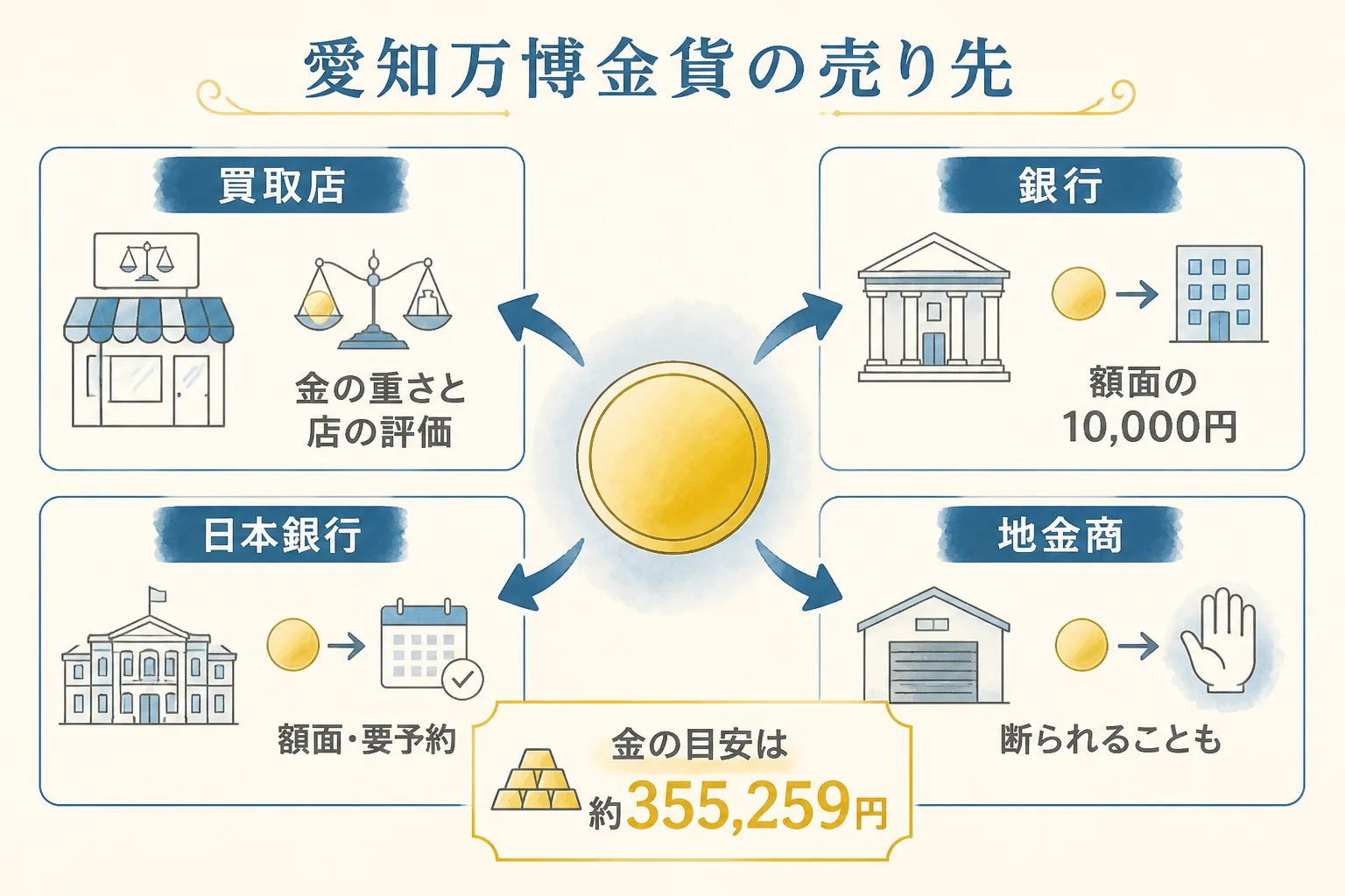 愛知万博の1万円金貨の売り先ごとの違いをまとめた図解