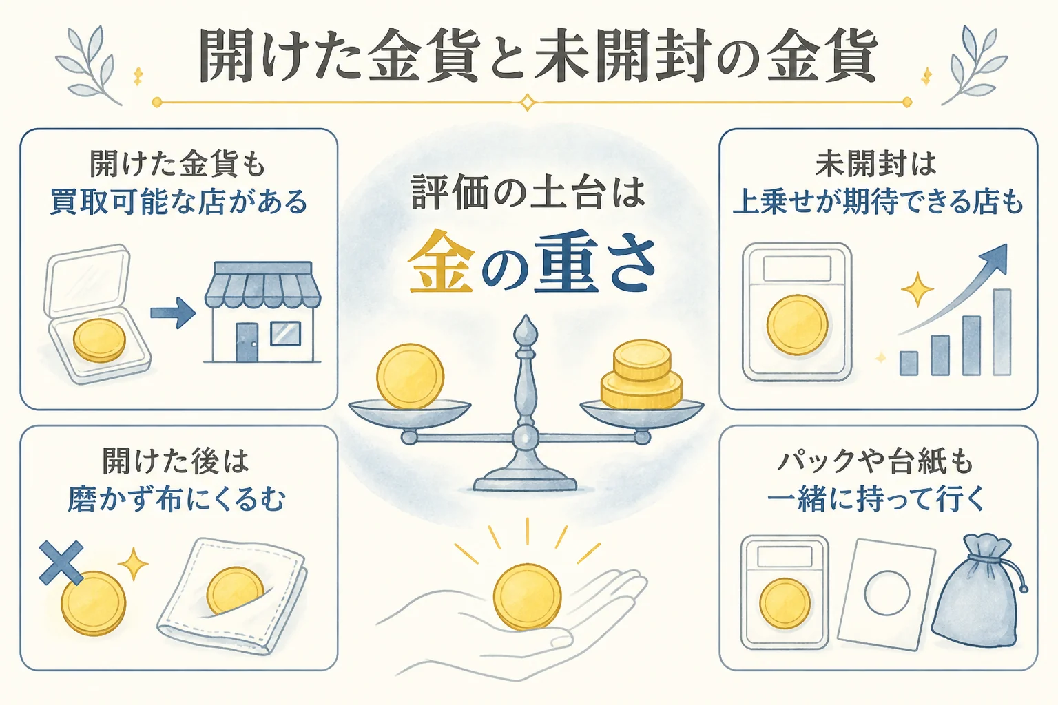 ブリスターから出した金貨と未開封の金貨の評価の違いを示した図解