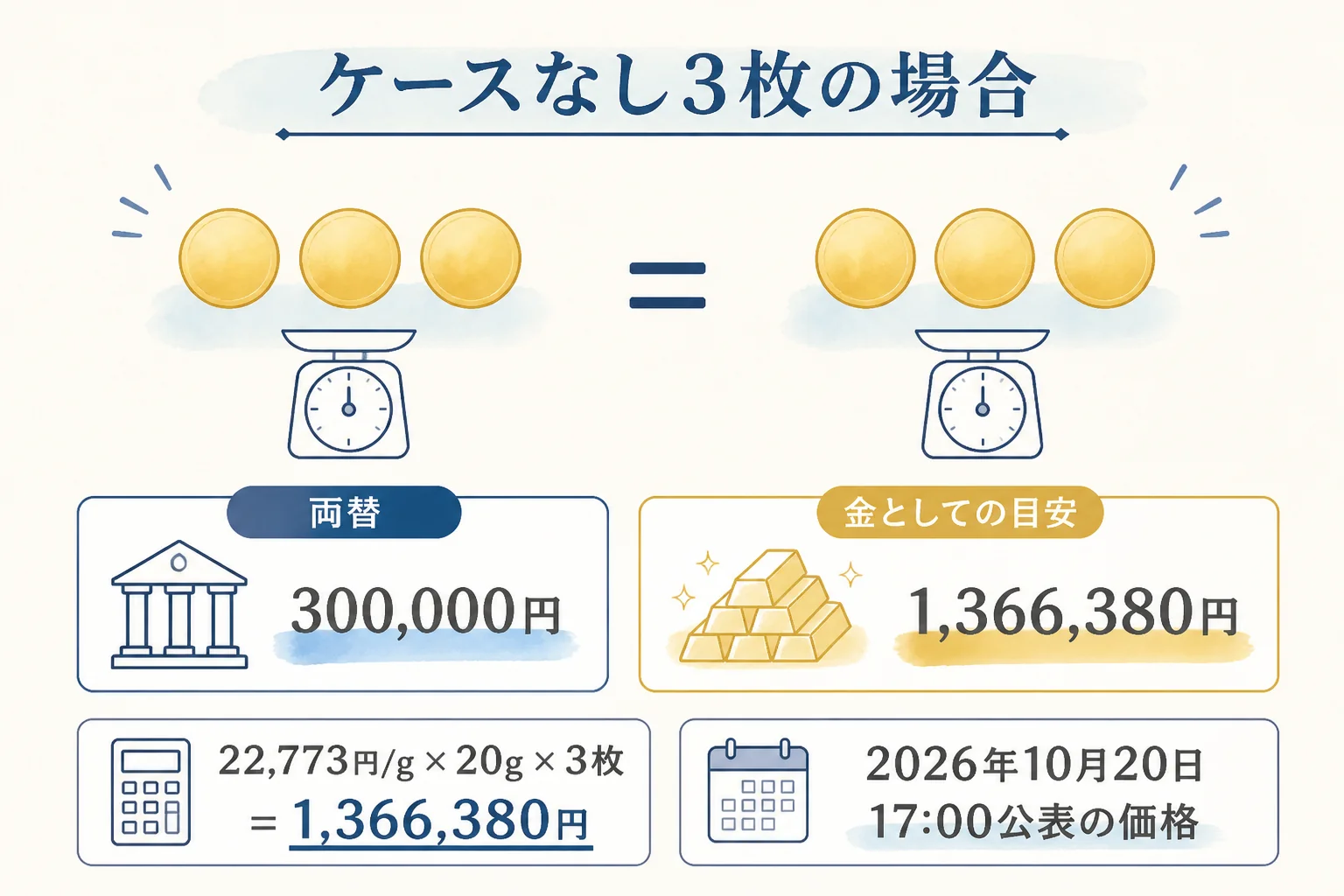 ケースなしの10万円金貨3枚を両替した場合と金の重さで見た目安を比べた図解