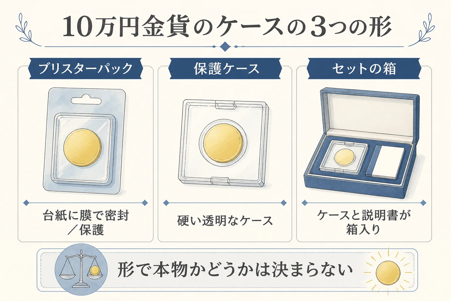 10万円金貨のケースの3つの形を示した図解