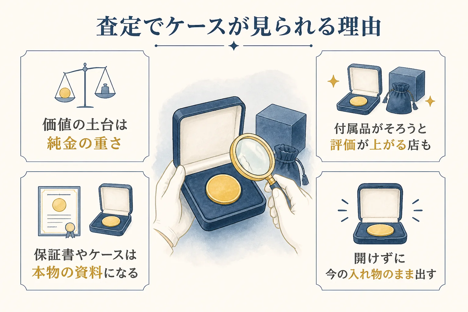 ケースや付属品が査定で見られる理由を示した図解