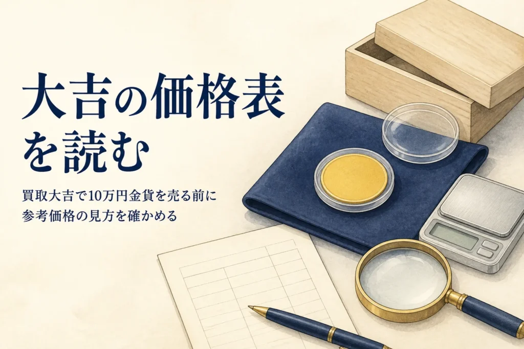 買取大吉で10万円金貨を売る前に参考価格表を確かめるイメージ