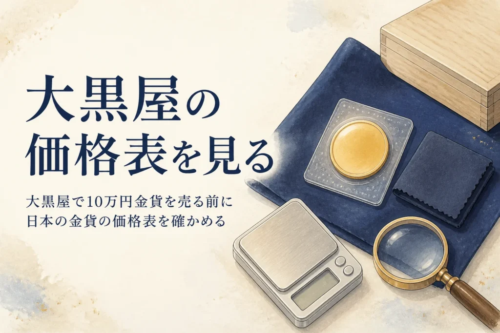 大黒屋で10万円金貨を売る前に価格表を確かめるイメージ
