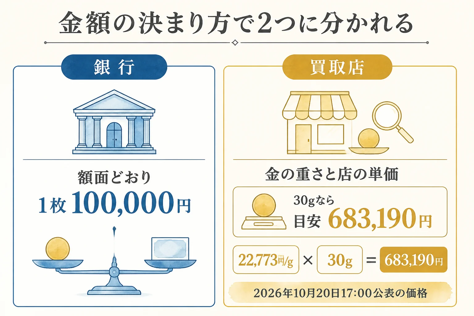 10万円金貨の売り先を額面で決まる銀行と金の重さで決まる店に分けた図解