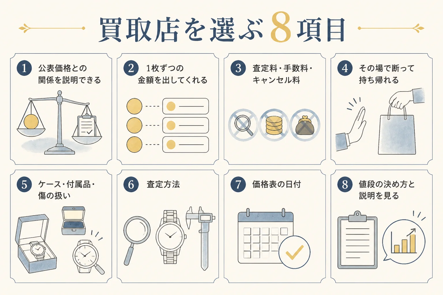 10万円金貨の買取店を選ぶ8項目をまとめた図解