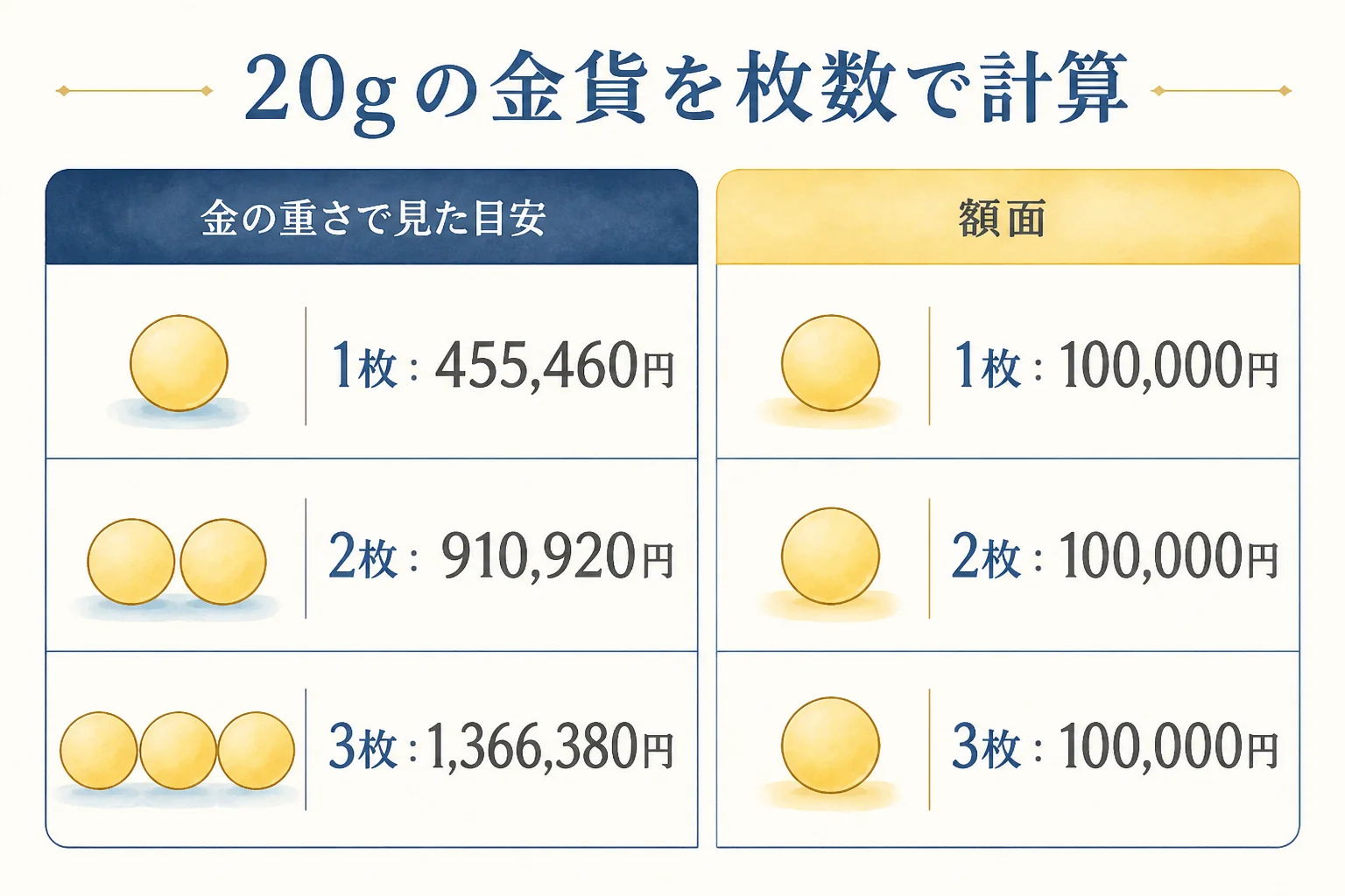 在位60年の10万円金貨を枚数ごとに金の重さで見た目安の図解