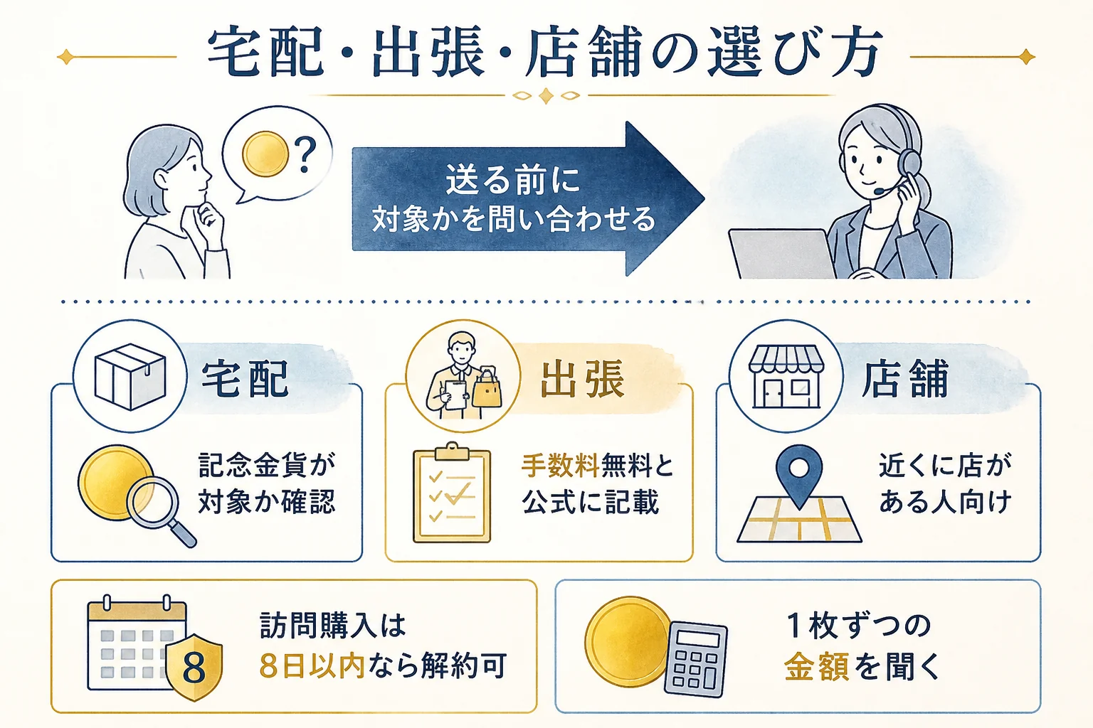 福ちゃんで10万円金貨を売る時の宅配・出張・店舗の選び方の図解