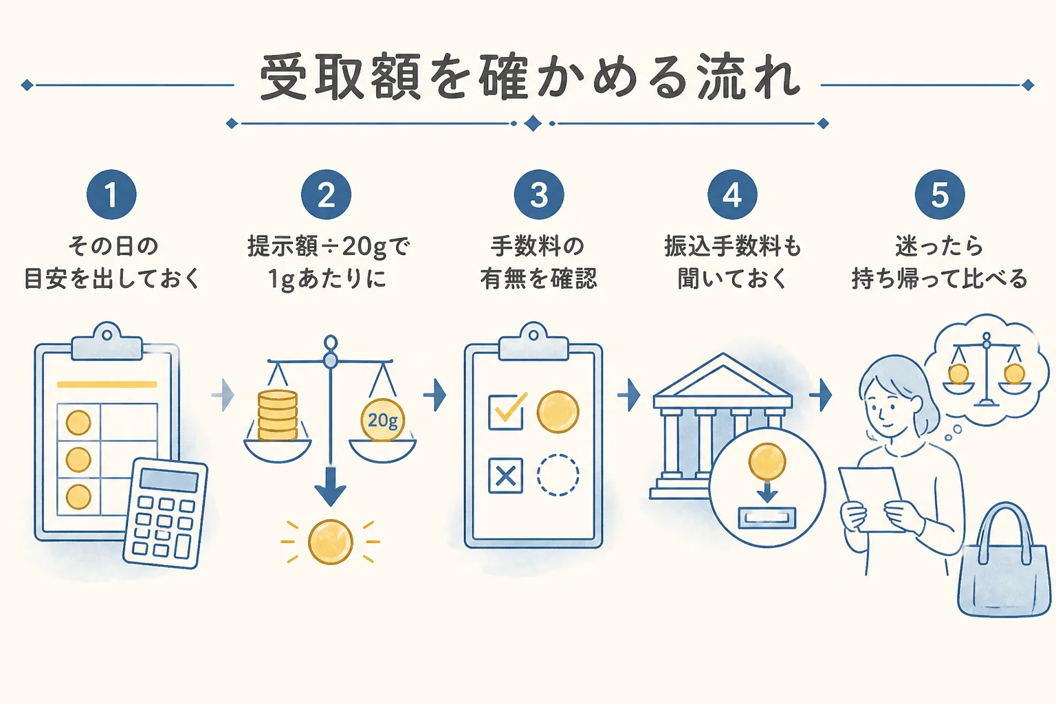 10万円金貨20gの受取額を確かめる流れの図解