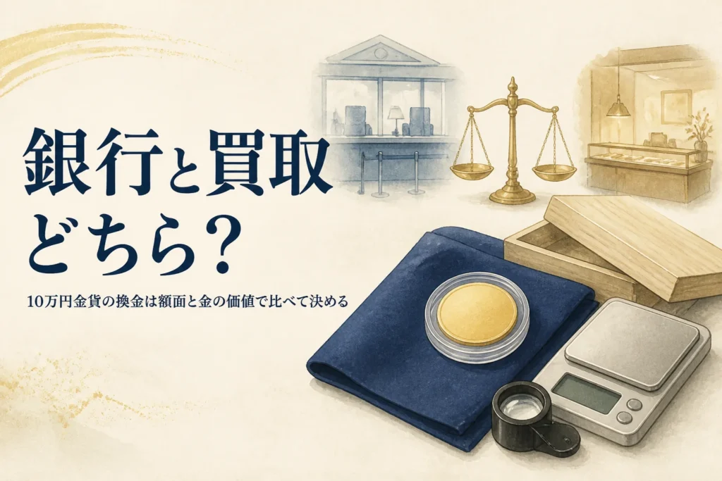 10万円金貨の換金を銀行と買取店で比べるイメージ