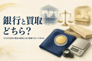 10万円金貨の換金を銀行と買取店で比べるイメージ