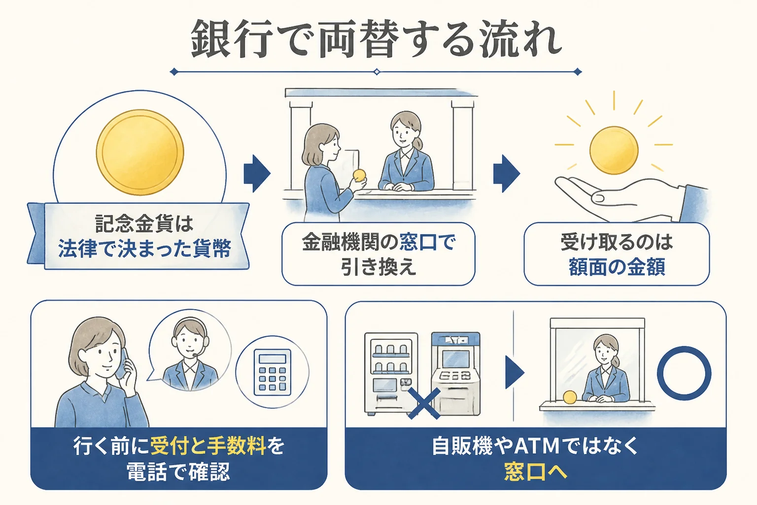10万円金貨を銀行の窓口で額面と引き換える流れの図解