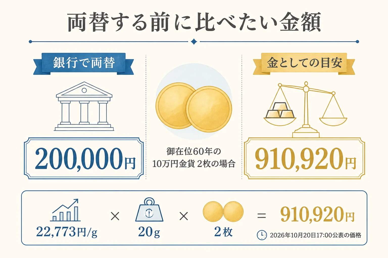 10万円金貨を2枚両替した場合と金としての目安を比べた図解