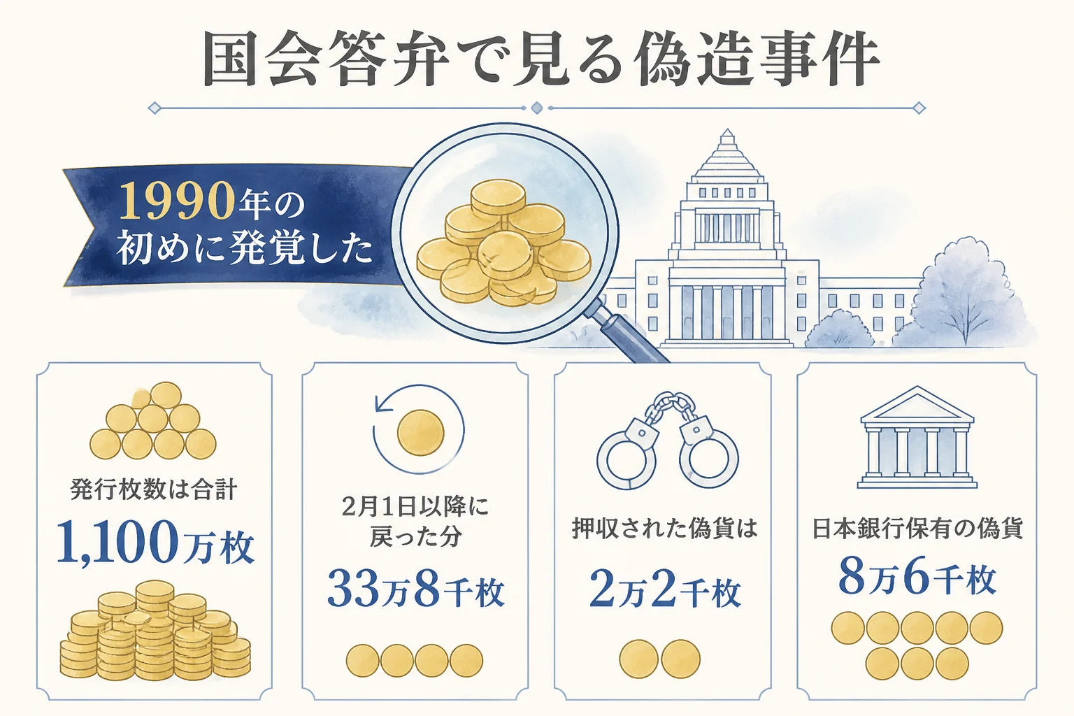 国会の答弁から見る10万円金貨の偽造事件の流れの図解