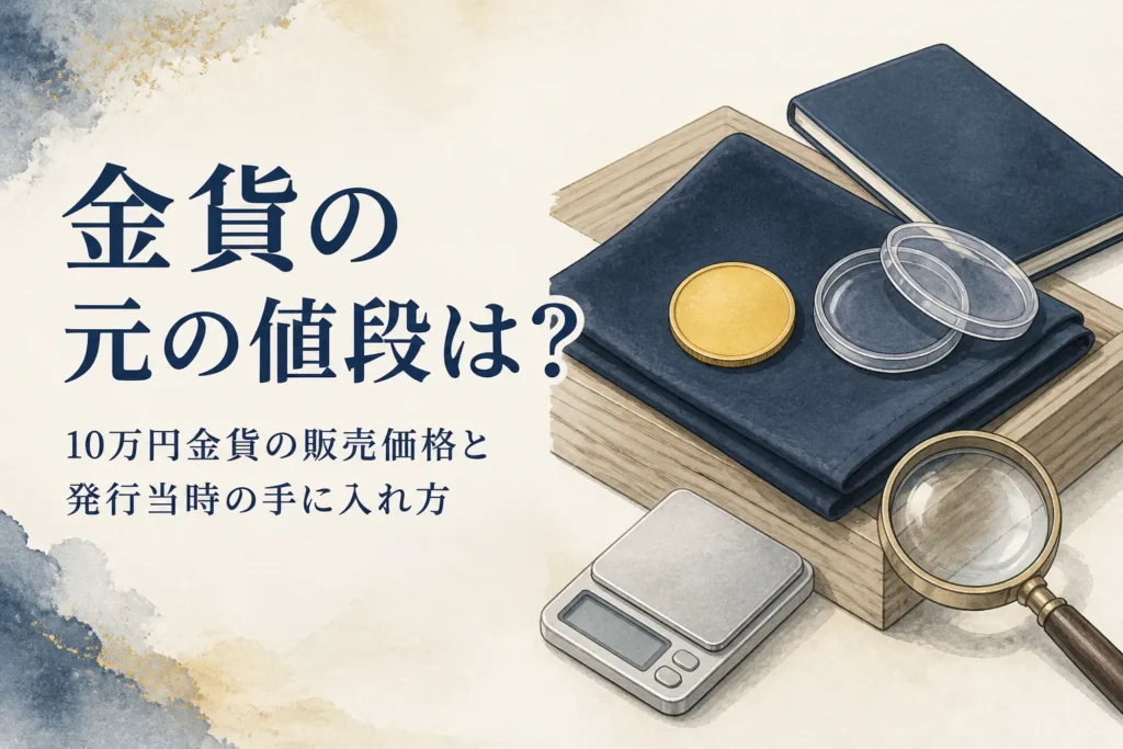 10万円金貨の販売価格と発行当時の手に入れ方を調べるイメージ