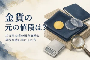 10万円金貨の販売価格と発行当時の手に入れ方を調べるイメージ