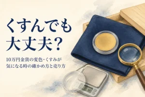 変色やくすみが気になる10万円金貨を確かめるイメージ