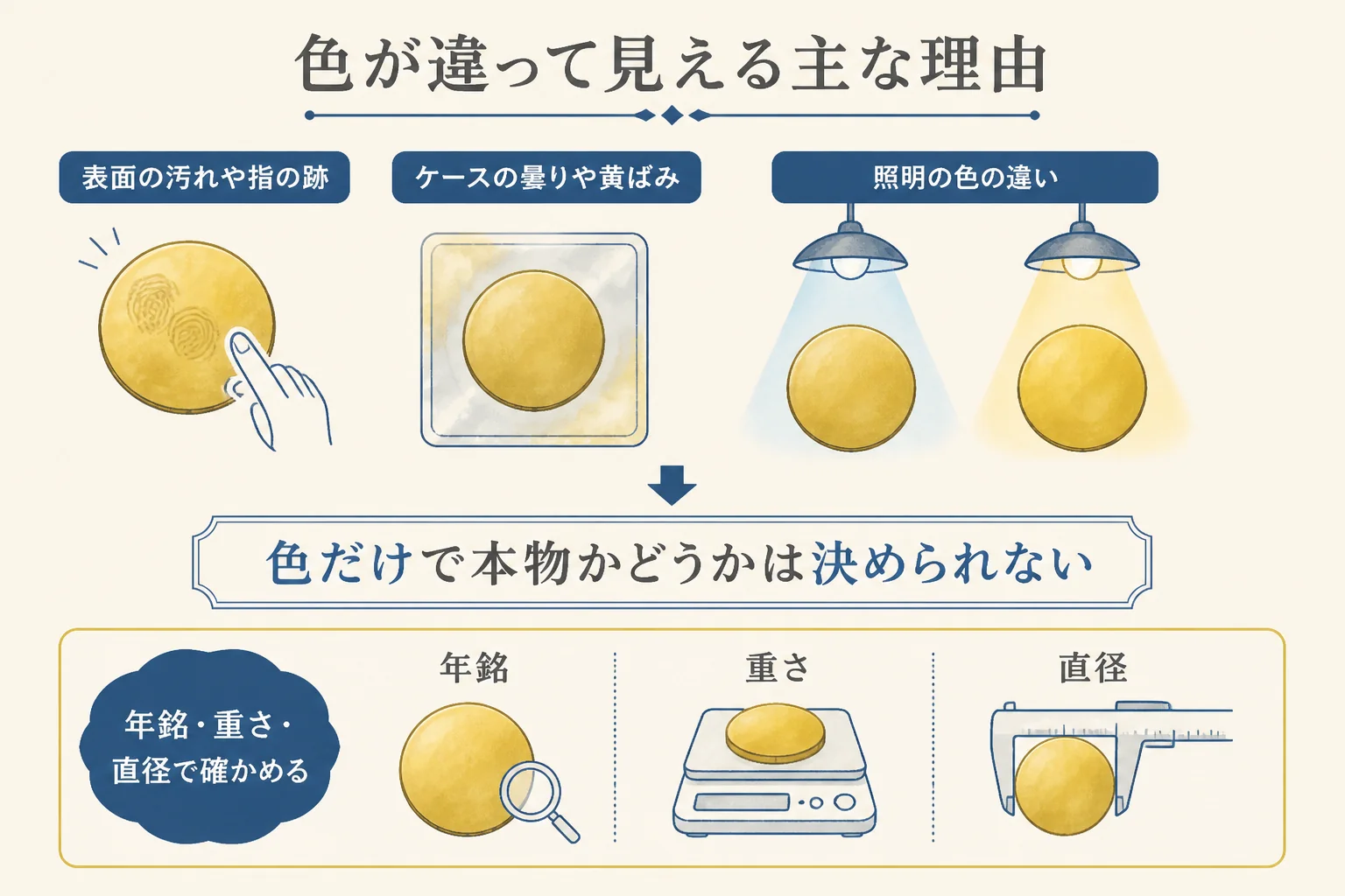 10万円金貨の色が違って見える理由と確かめる順番の図解