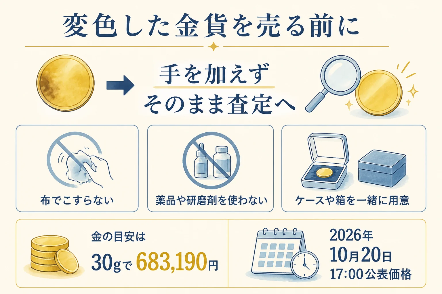 変色した10万円金貨を売る前に確かめることの図解