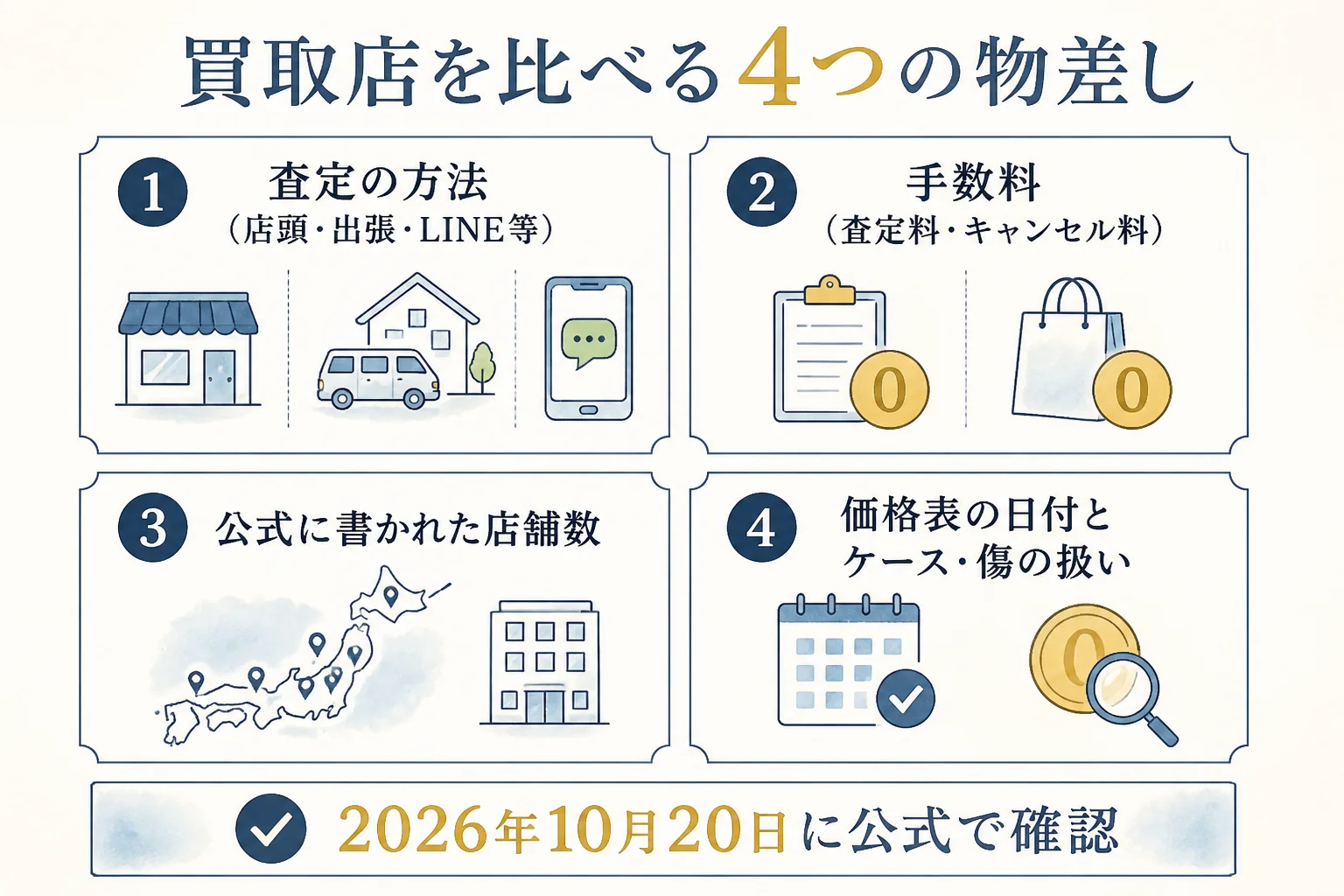 大手5社の10万円金貨の買取を査定方法・手数料・店舗数で比較した図解