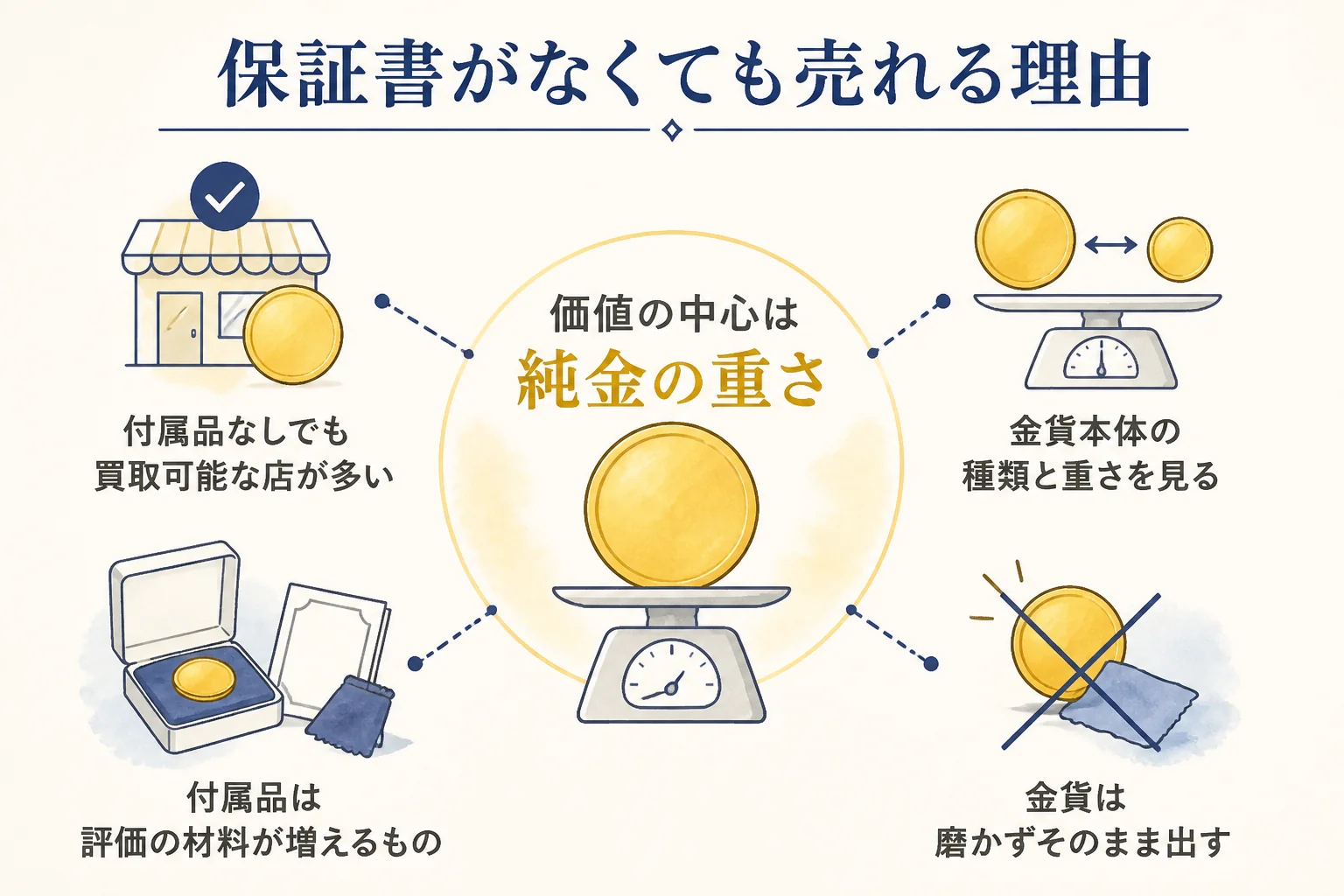 保証書や箱がない10万円金貨の査定の考え方の図解