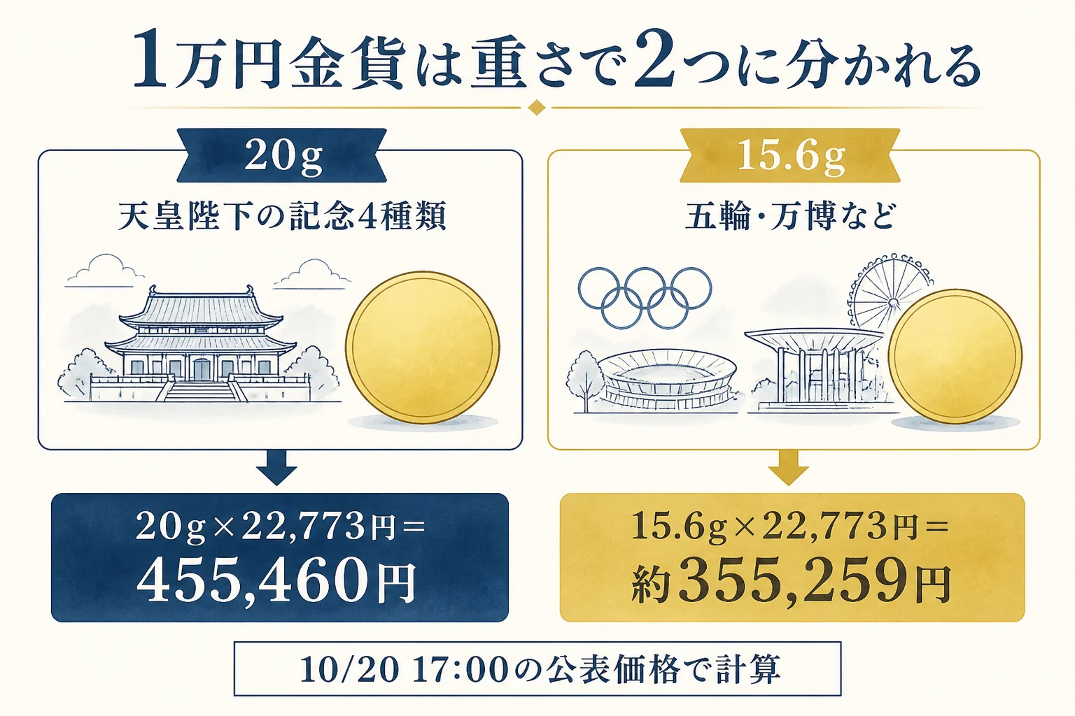 1万円金貨を15.6gと20gに分けて買取価格の目安を計算した図解