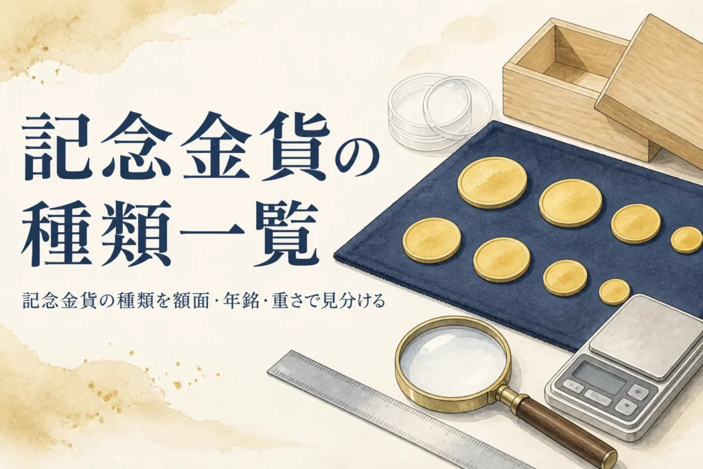 大きさの違う記念金貨を並べて種類を見分けるイメージ