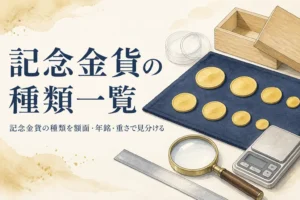 大きさの違う記念金貨を並べて種類を見分けるイメージ