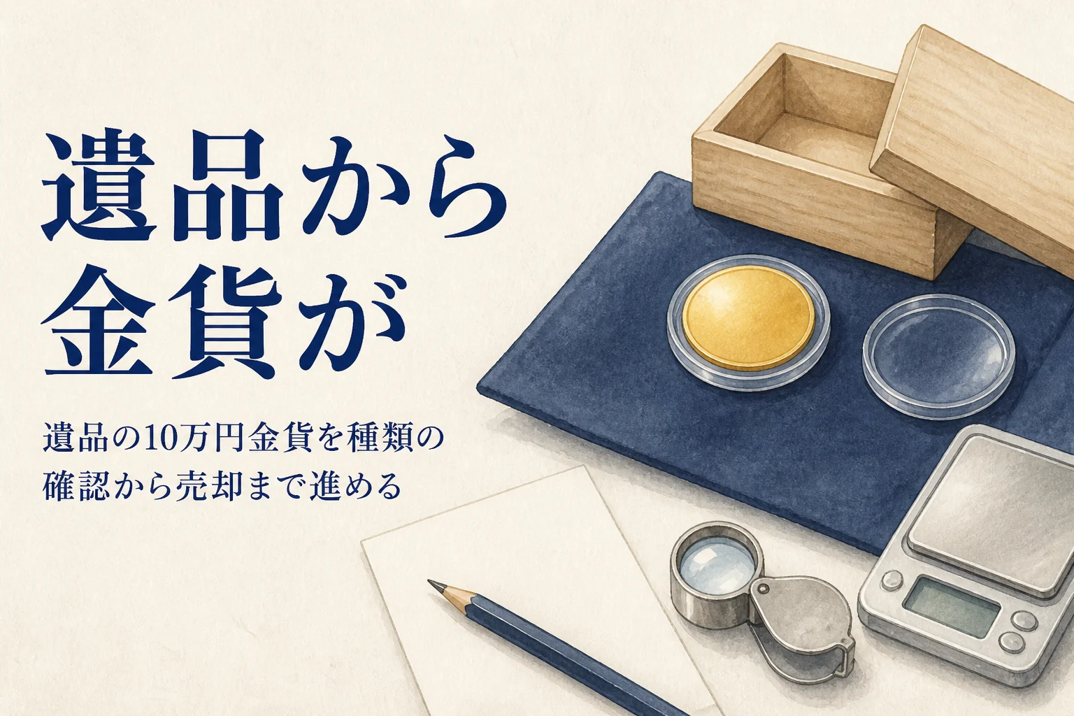 遺品から出てきた10万円金貨を確かめるイメージ