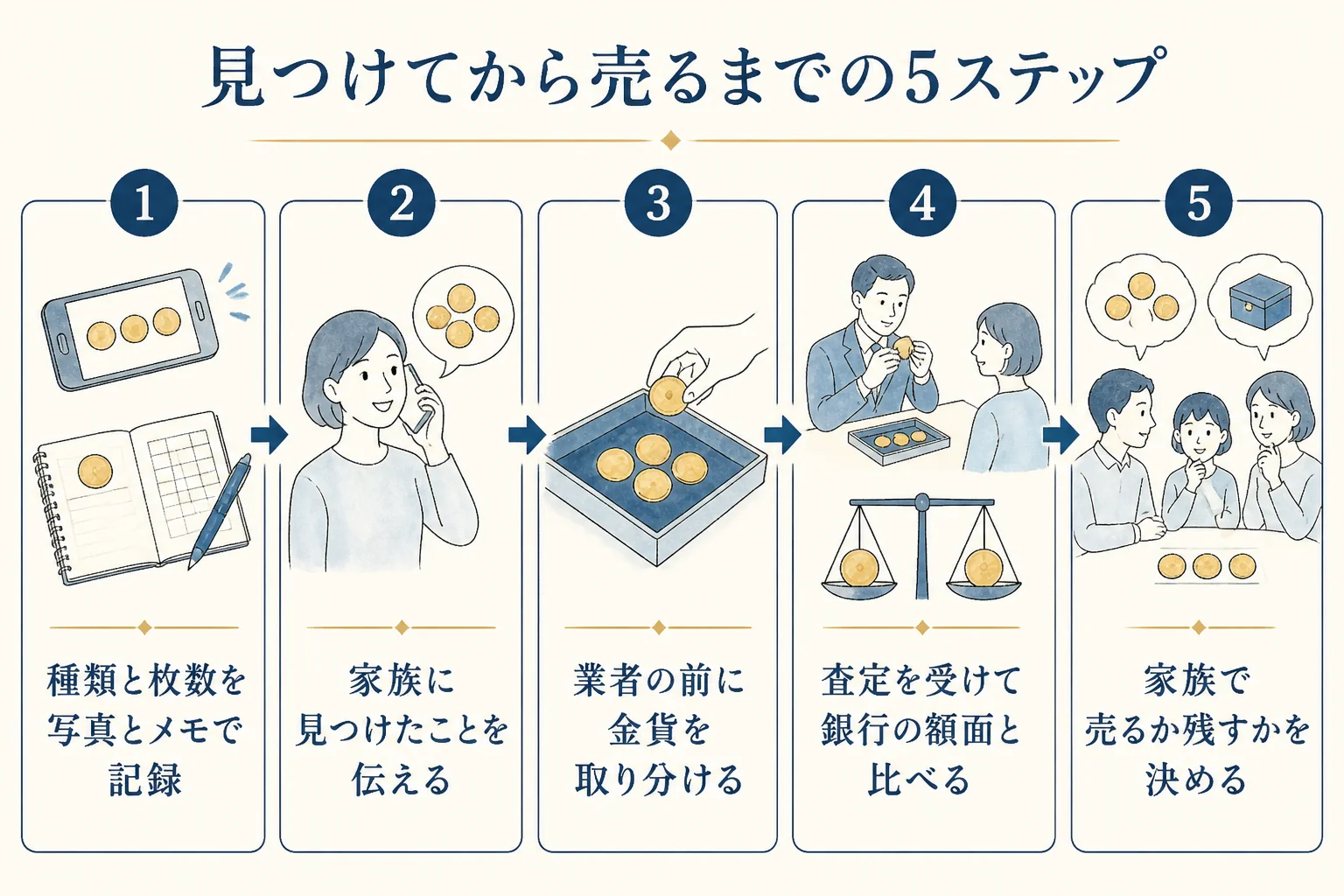 遺品から10万円金貨が出てきた時に見つけてから売るまでの5ステップの図解
