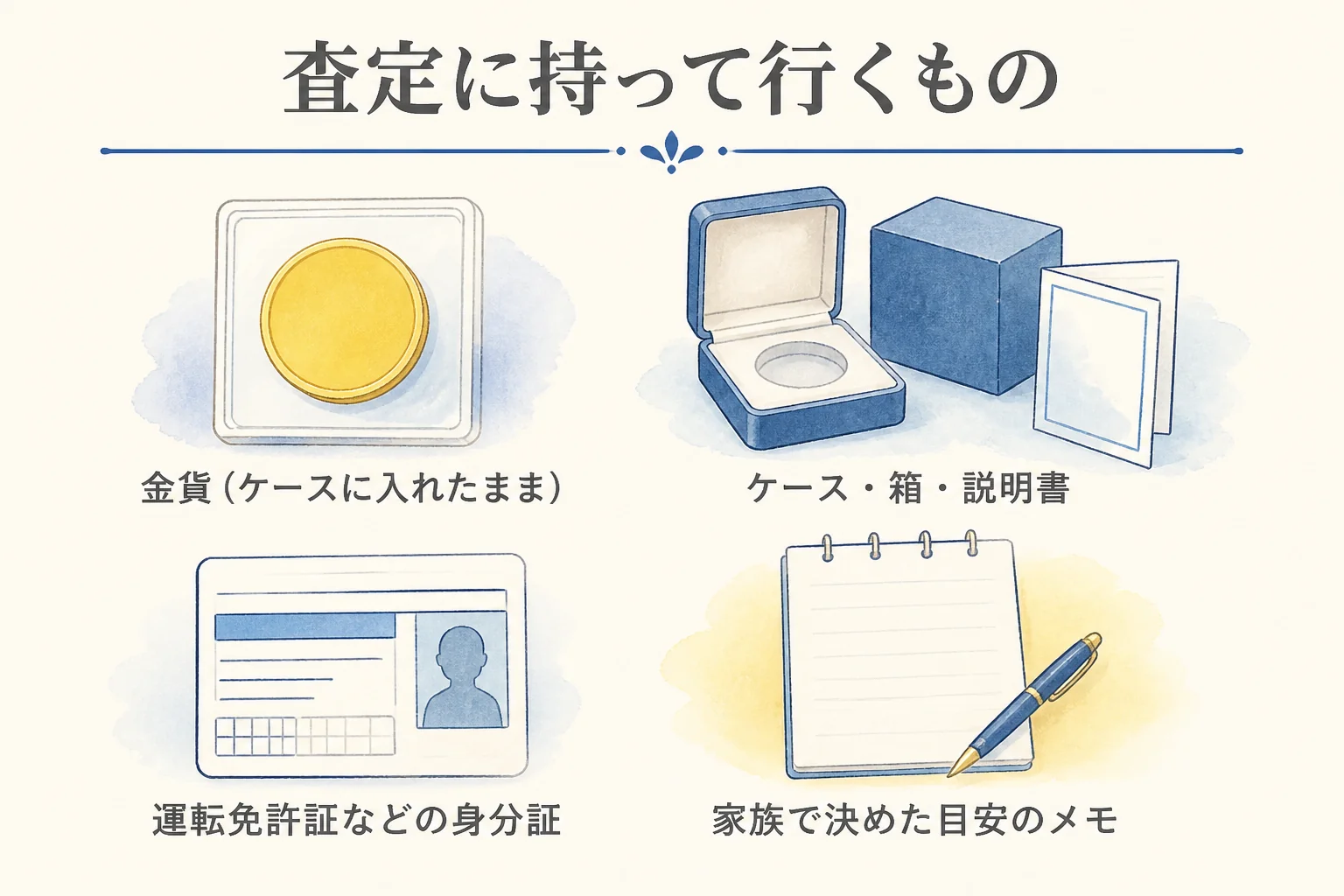 遺品の10万円金貨を査定に持って行く時の持ち物の図解