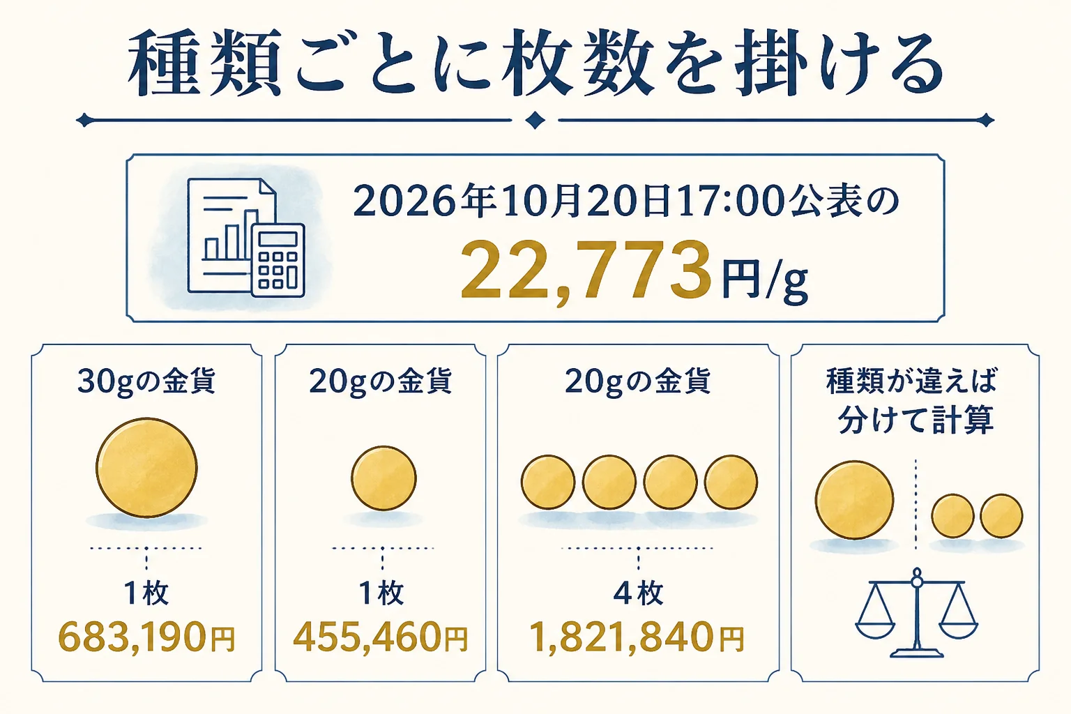 10万円金貨の枚数ごとの目安を書き込む表の図解