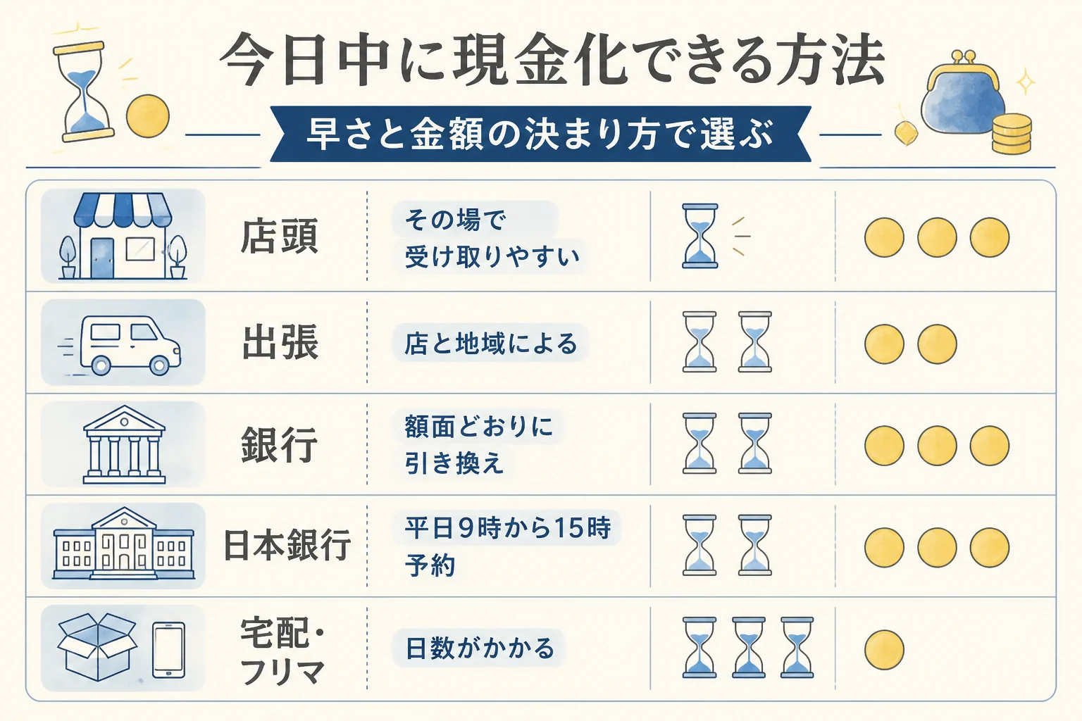 10万円金貨を今日中に現金化できる方法を早さで比べた図解