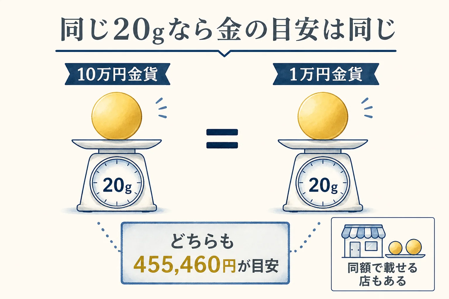 同じ20gの10万円金貨と1万円金貨の金の目安を比べた図解
