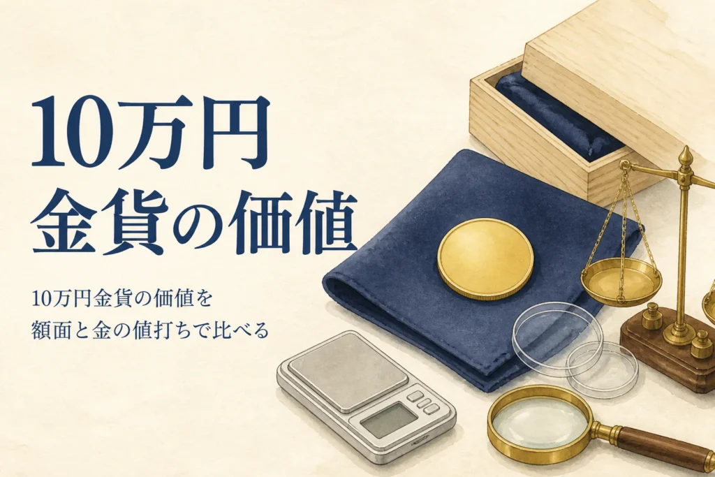 10万円金貨の価値を額面と金としての値打ちで比べるイメージ