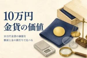 10万円金貨の価値を額面と金としての値打ちで比べるイメージ