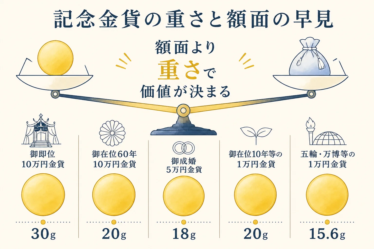 10万円金貨・5万円金貨・1万円金貨の重さと額面の早見図