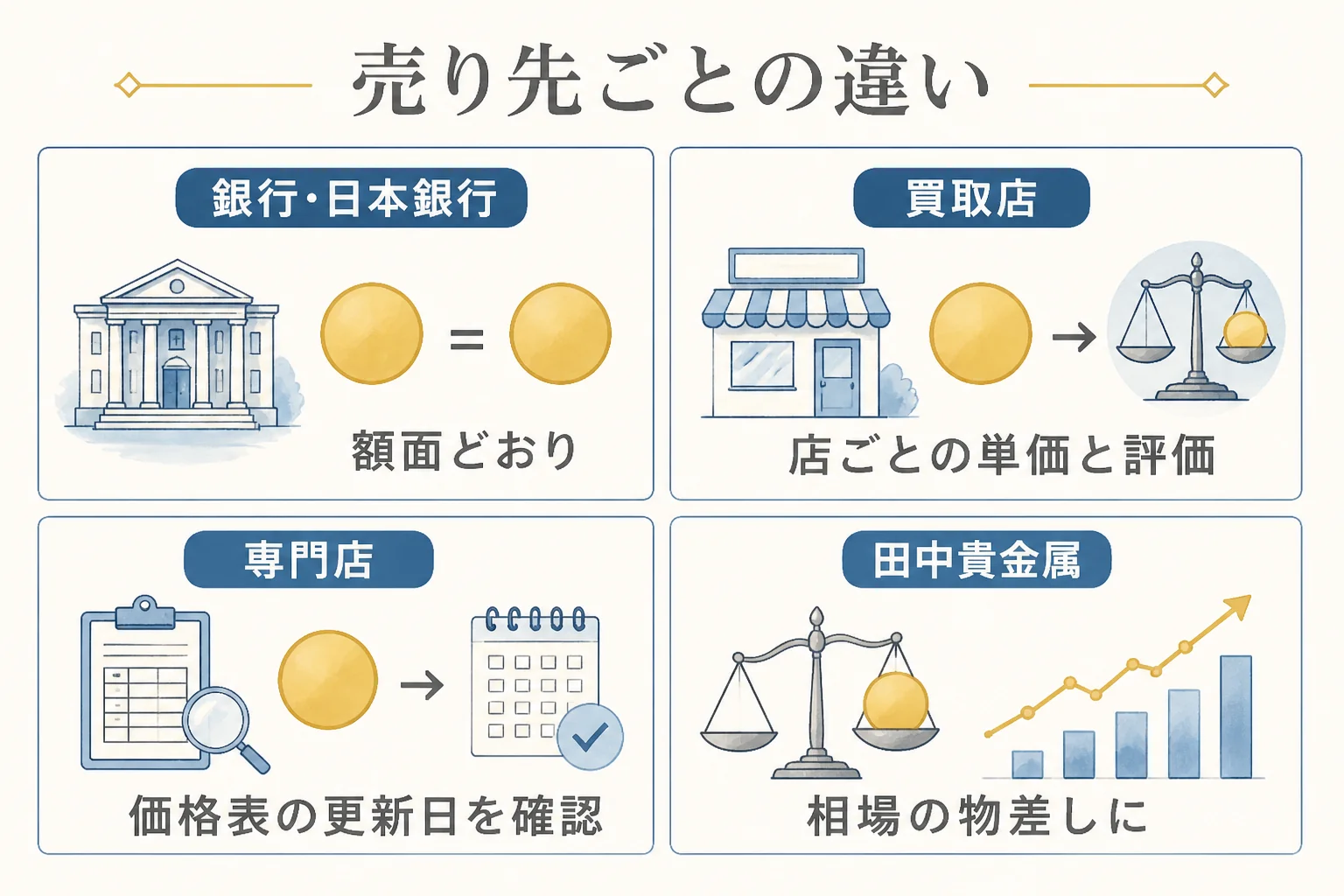 銀行・買取店・田中貴金属など売り先ごとの違いを示す図解