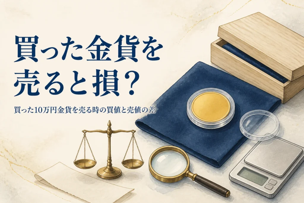 買った10万円金貨を売る時の買値と売値を比べるイメージ