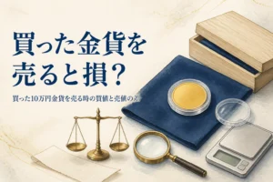 買った10万円金貨を売る時の買値と売値を比べるイメージ