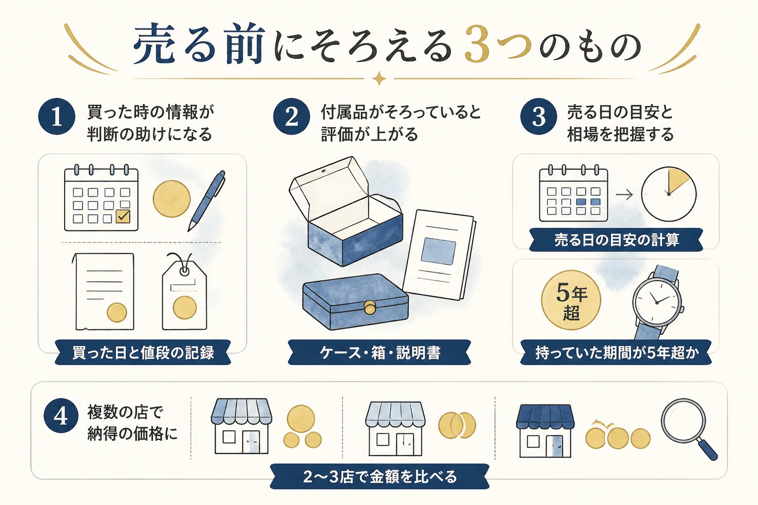 買った10万円金貨を売る前に購入記録と付属品をそろえる準備の図解