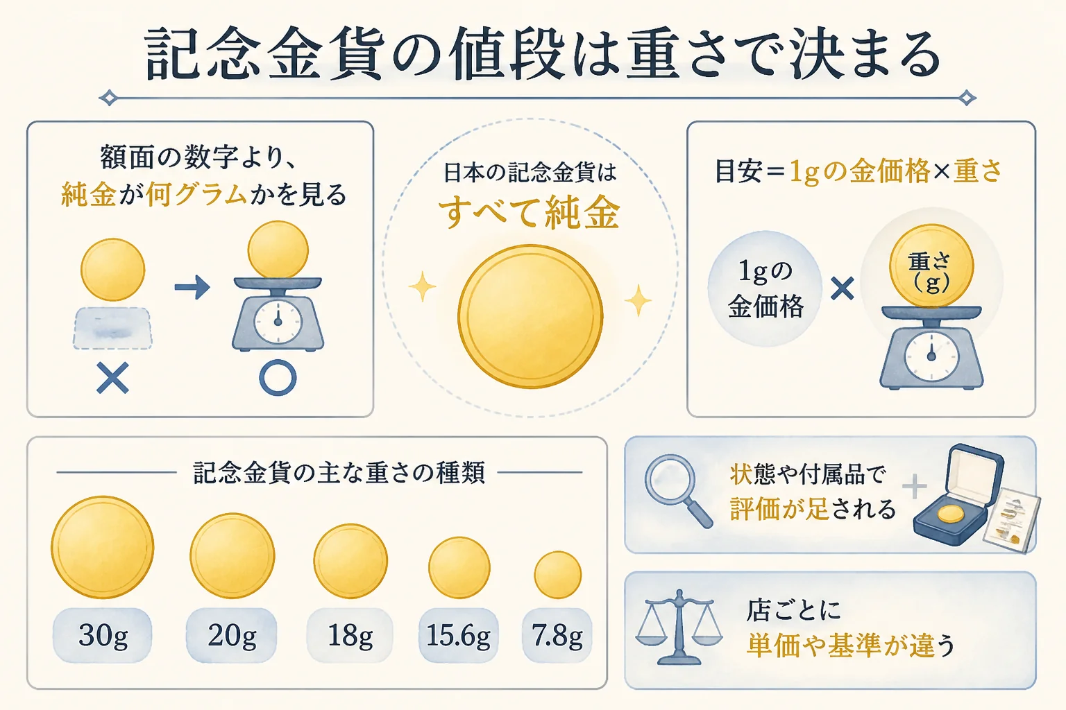 記念金貨の買取価格が額面ではなく純金の重さで決まる仕組みの図解