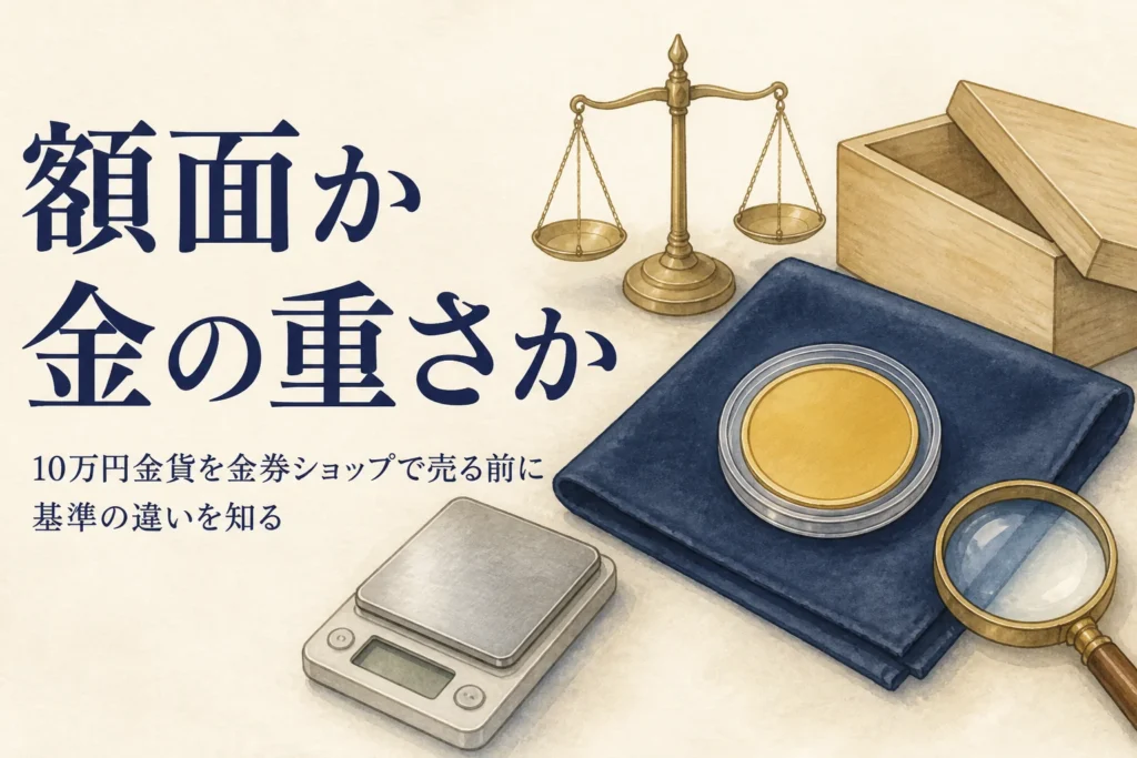 10万円金貨を金券ショップで売る前に額面と金の価値を比べるイメージ