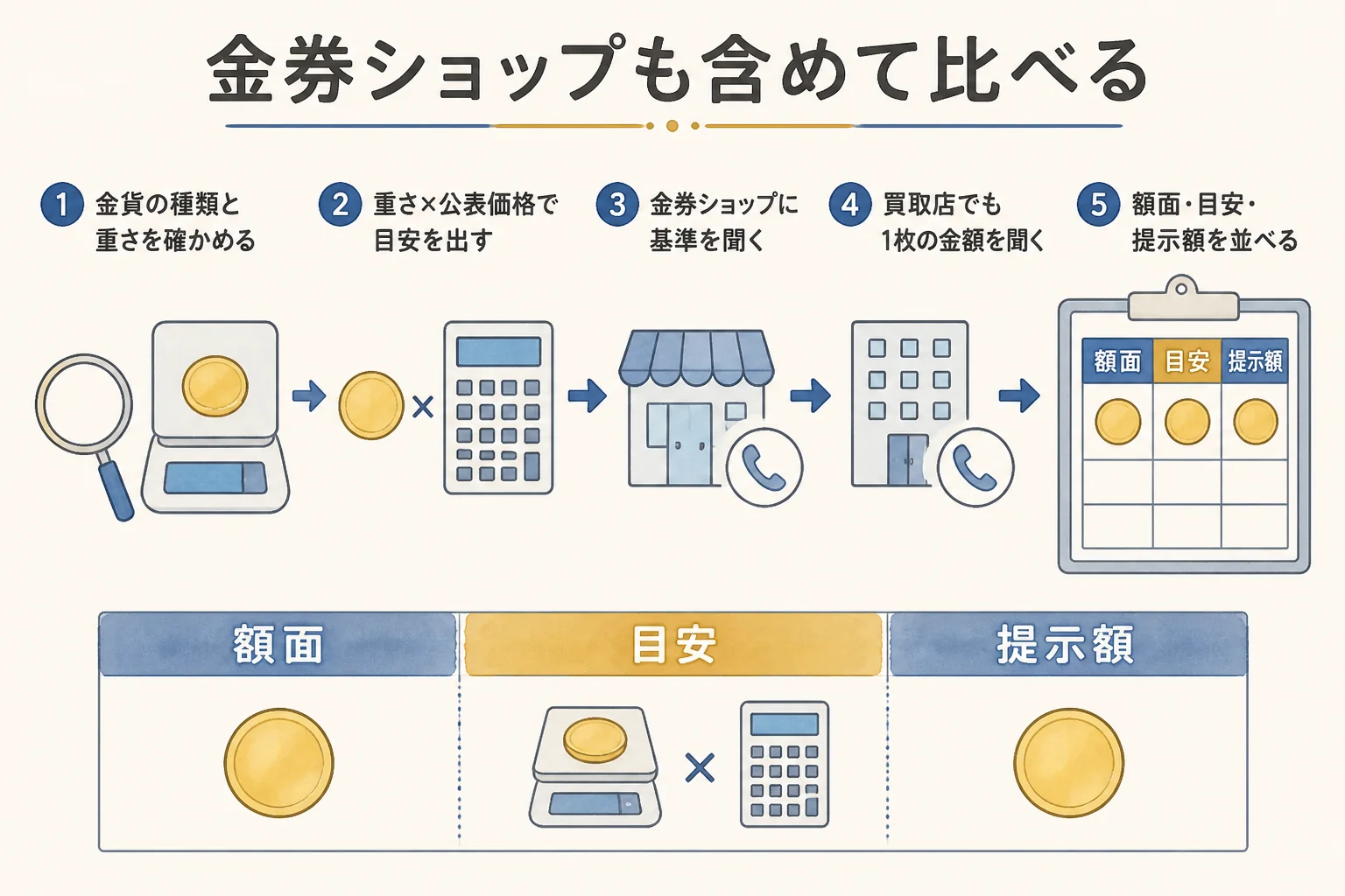 金券ショップと貴金属の買取店を比べて10万円金貨の売り先を決める流れの図解