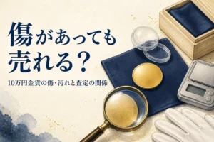 傷のある10万円金貨をルーペで確かめるイメージ