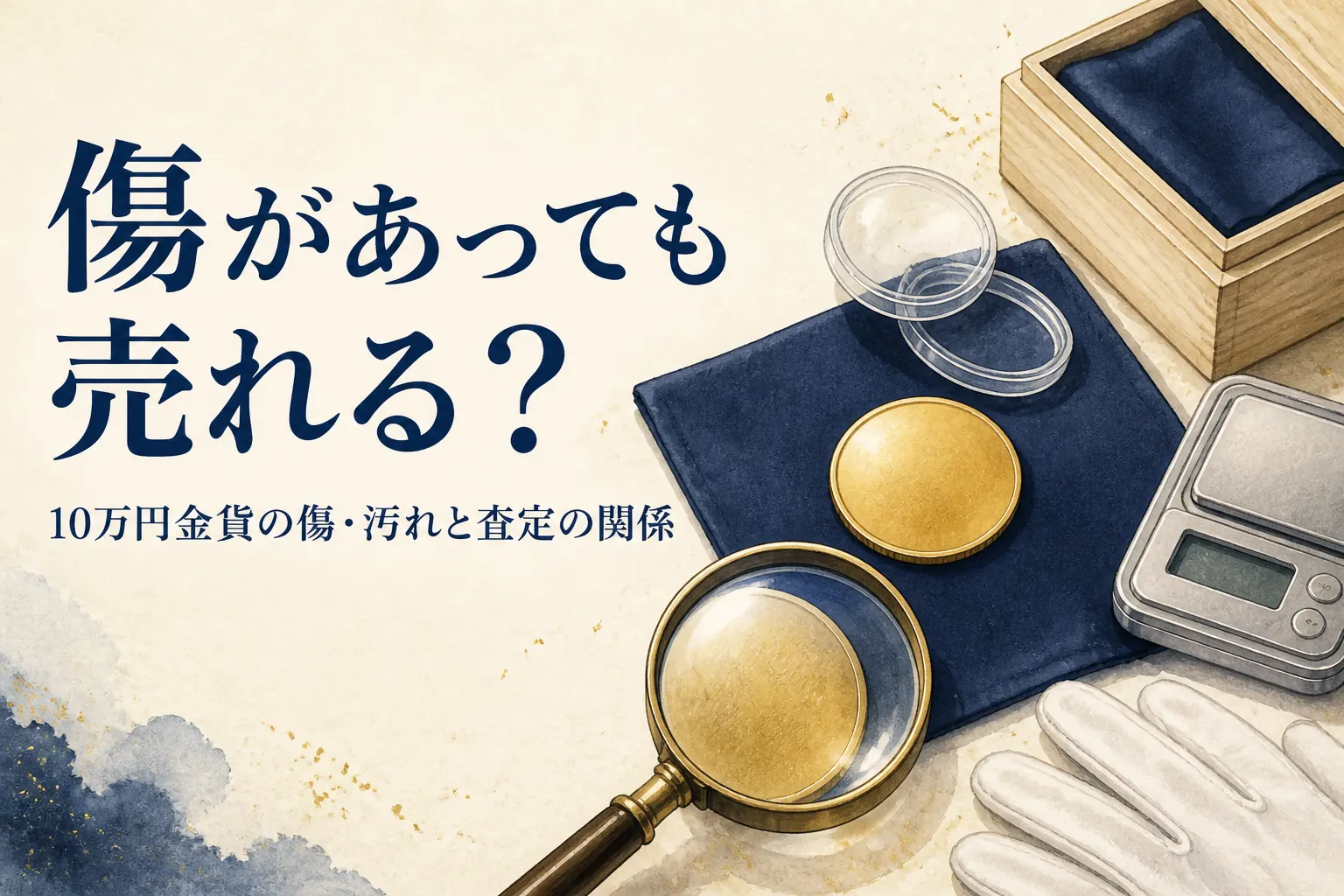 傷のある10万円金貨をルーペで確かめるイメージ