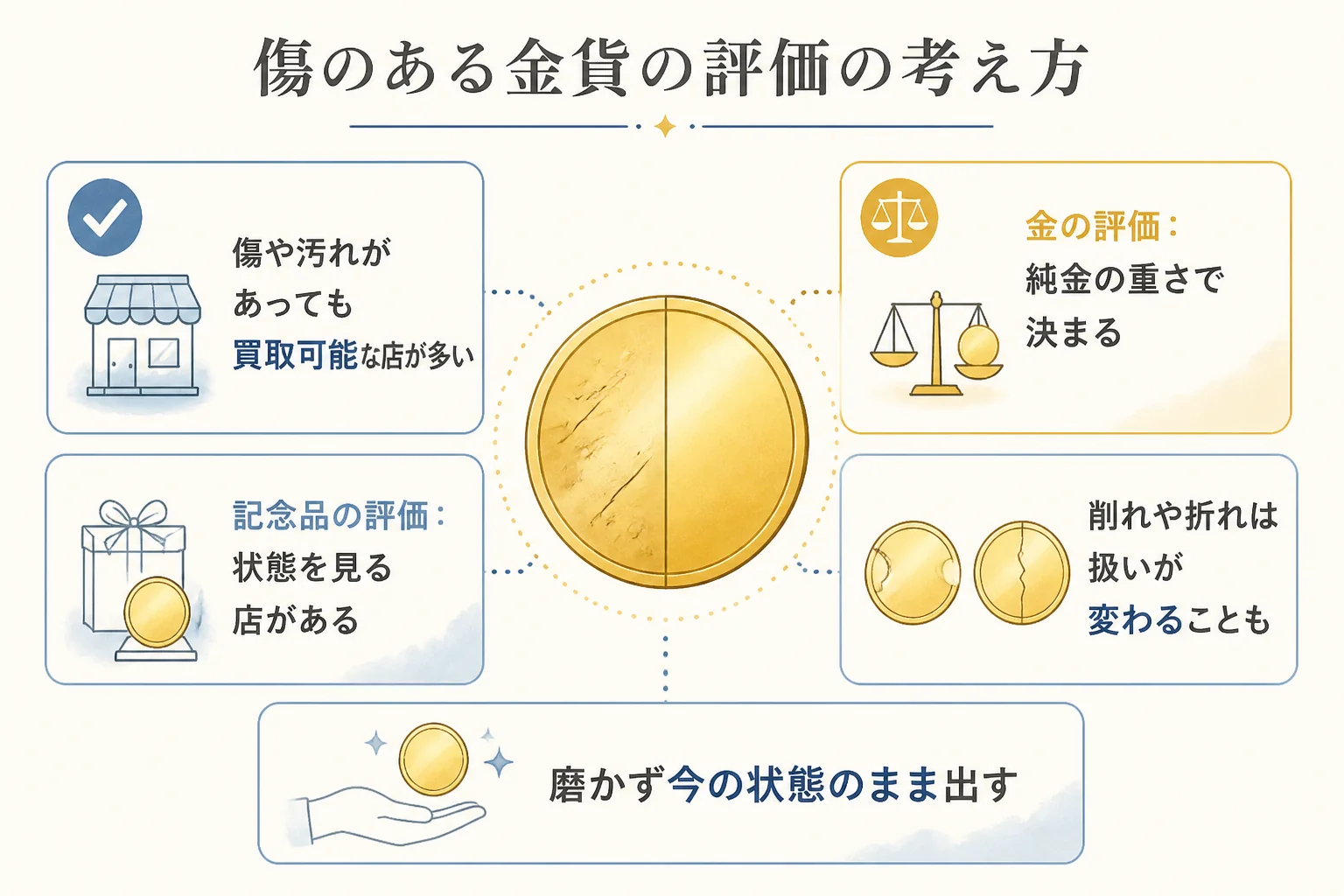傷のある10万円金貨の評価の考え方を示した図解