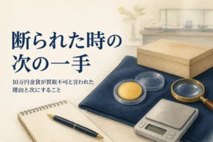 10万円金貨の買取を断られた後に次の行き先を考えるイメージ