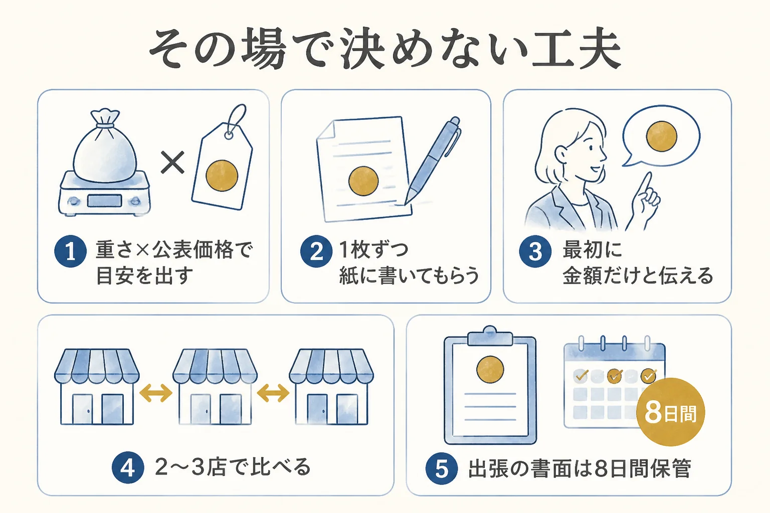 金貨を売った後に後悔しないためにその場で決めない工夫の図解