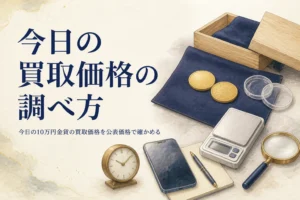今日の10万円金貨の買取価格を公表価格と時刻で調べるイメージ