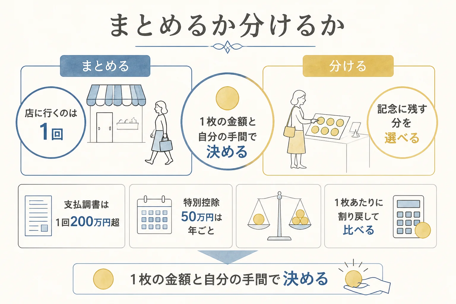 10万円金貨をまとめて売るか分けて売るかを決める目安の図解